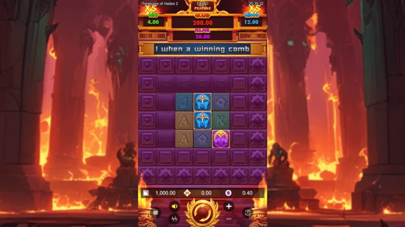 Treasures of Hades 2 — Écran de jeu principal de la machine à sous avec des rouleaux 3x3 et 20 lignes de mise de Rectangle Games